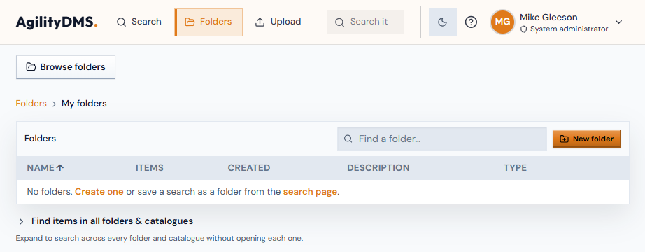 AgilityDMS folders workspace in light mode