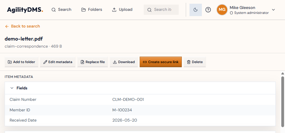 AgilityDMS document review with metadata and actions